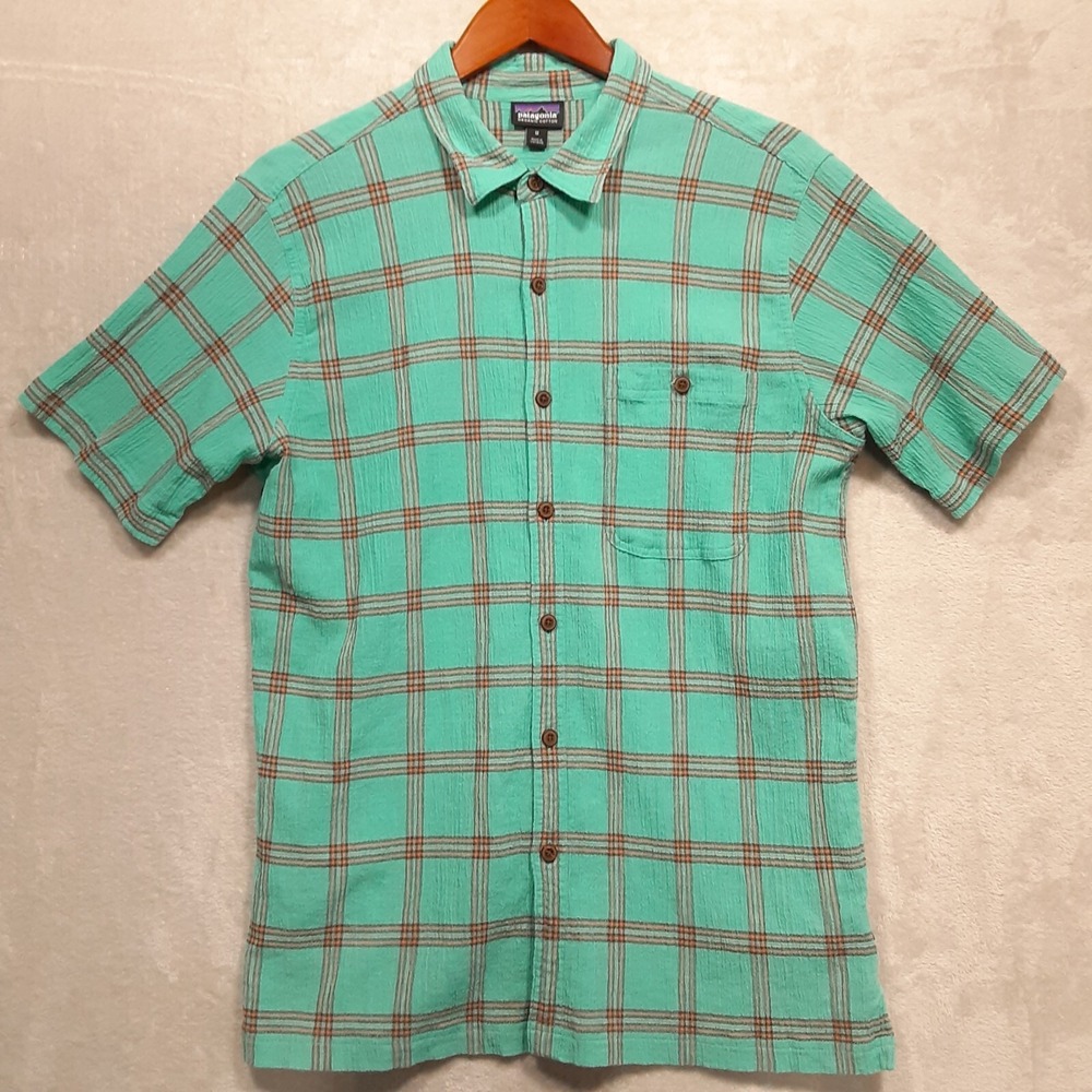 Patagonia Mens Short Sleeve Button Shirt Size.M/Turquoise/Plaid/Organic Cotton